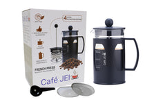 Load image into Gallery viewer, cafe jei french Press coffee maker plastic black with packaging box and filters and spoon