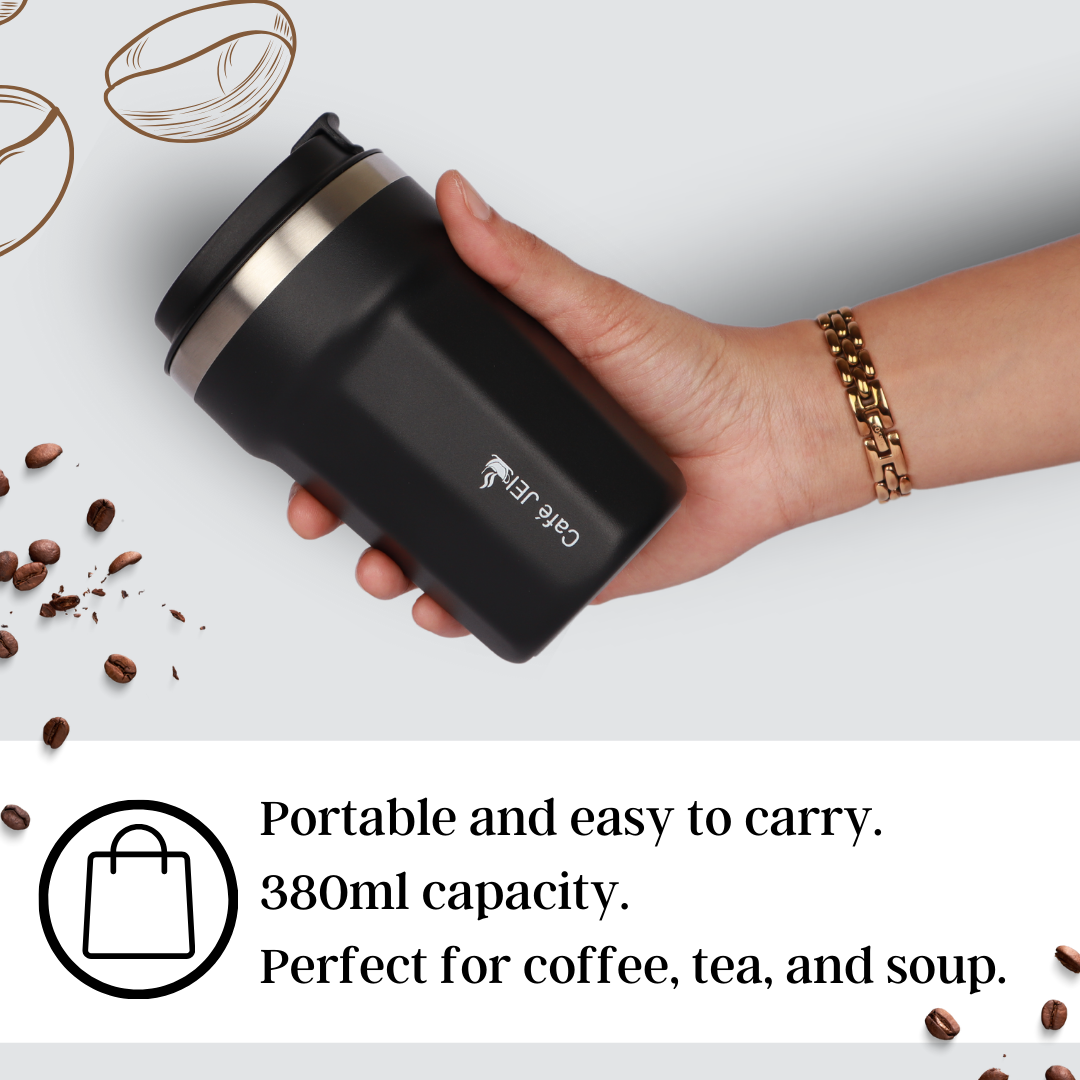 Cafe JEI 380ml Insulated Travel Mug – Leakproof Stainless Steel Thermos (Elegant Black)