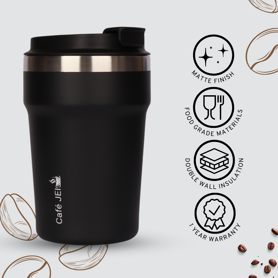 Cafe JEI 380ml Insulated Travel Mug – Leakproof Stainless Steel Thermos (Radiant Black)