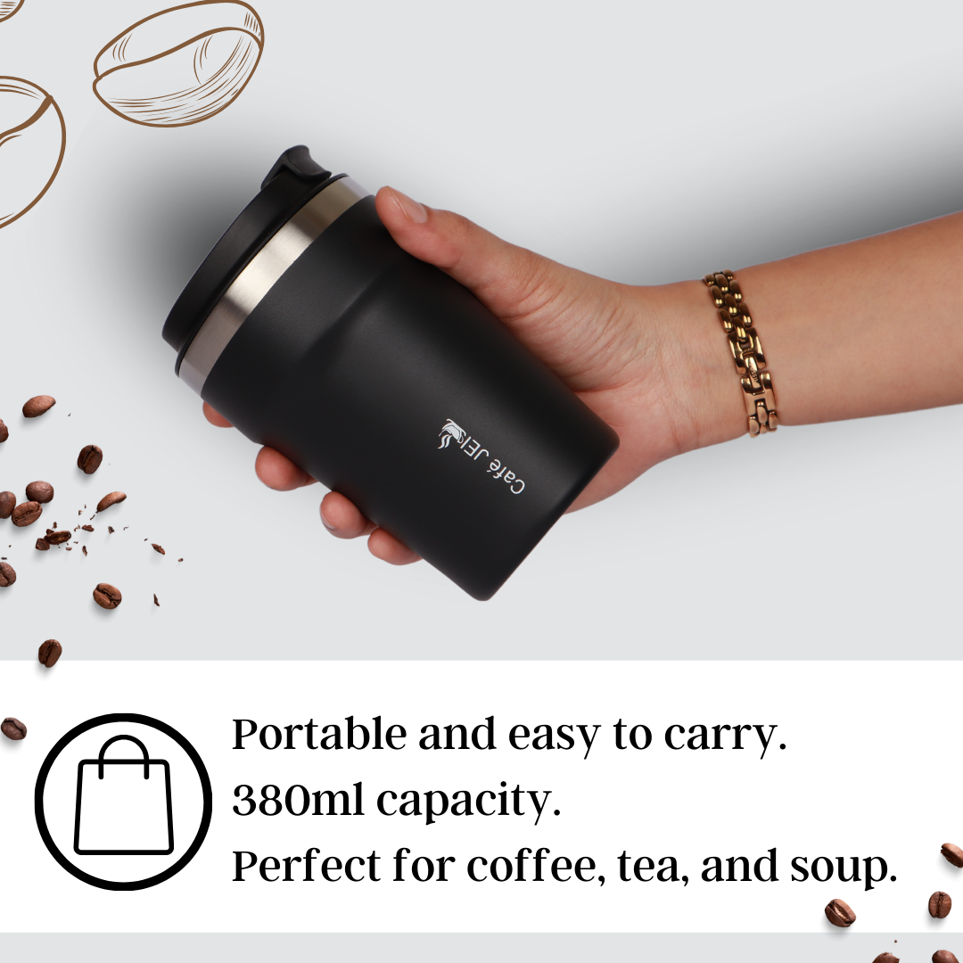 Cafe JEI 380ml Insulated Travel Mug – Leakproof Stainless Steel Thermos (Radiant Black)