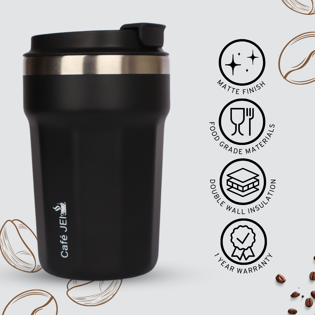 Cafe JEI 380ml Insulated Travel Mug – Leakproof Stainless Steel Thermos (Elegant Black)