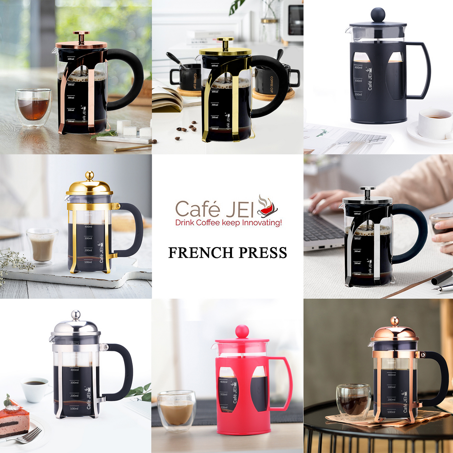 Cafe JEI Classic French Press Coffee and Tea Maker 600ml (Dome, Gold)