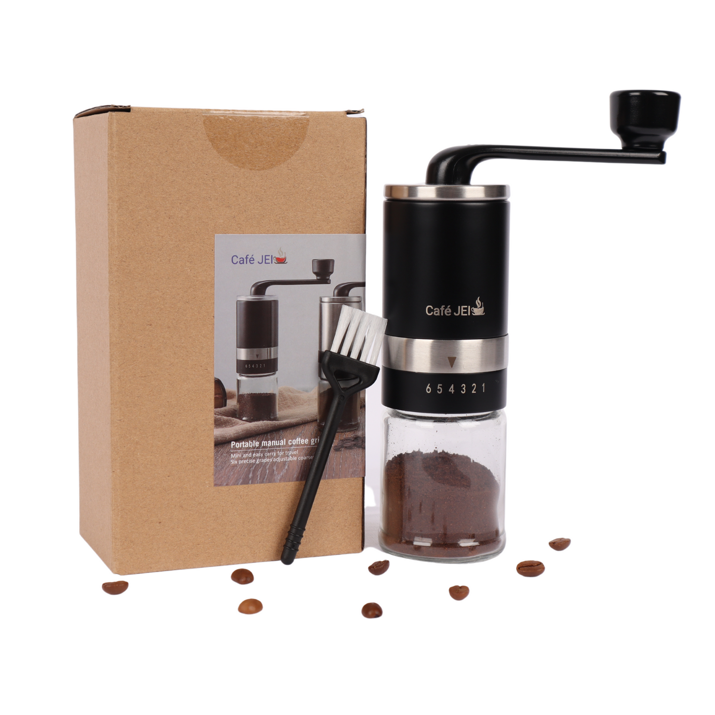 Cafe JEI Manual Coffee Grinder with Adjustable Settings - CeramiConical Burr Mill & Brushed Stainless Steel Body, Whole Bean Coffee Grinder (Black)