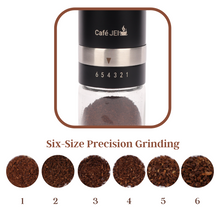 Load image into Gallery viewer, Cafe JEI Manual Coffee Grinder with Adjustable Settings - CeramiConical Burr Mill &amp; Brushed Stainless Steel Body, Whole Bean Coffee Grinder (Black)