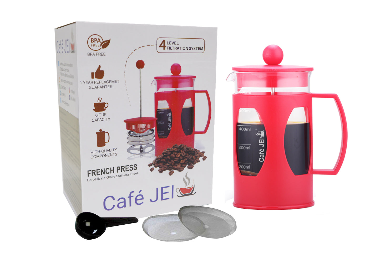 Cafe JEI French Press Coffee and Tea Maker 600ml, Soft (Red)