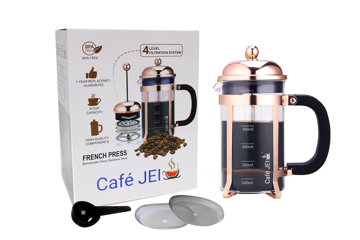 Cafe JEI Classic French Press Coffee and Tea Maker 600ml (Dome Rose Gold)