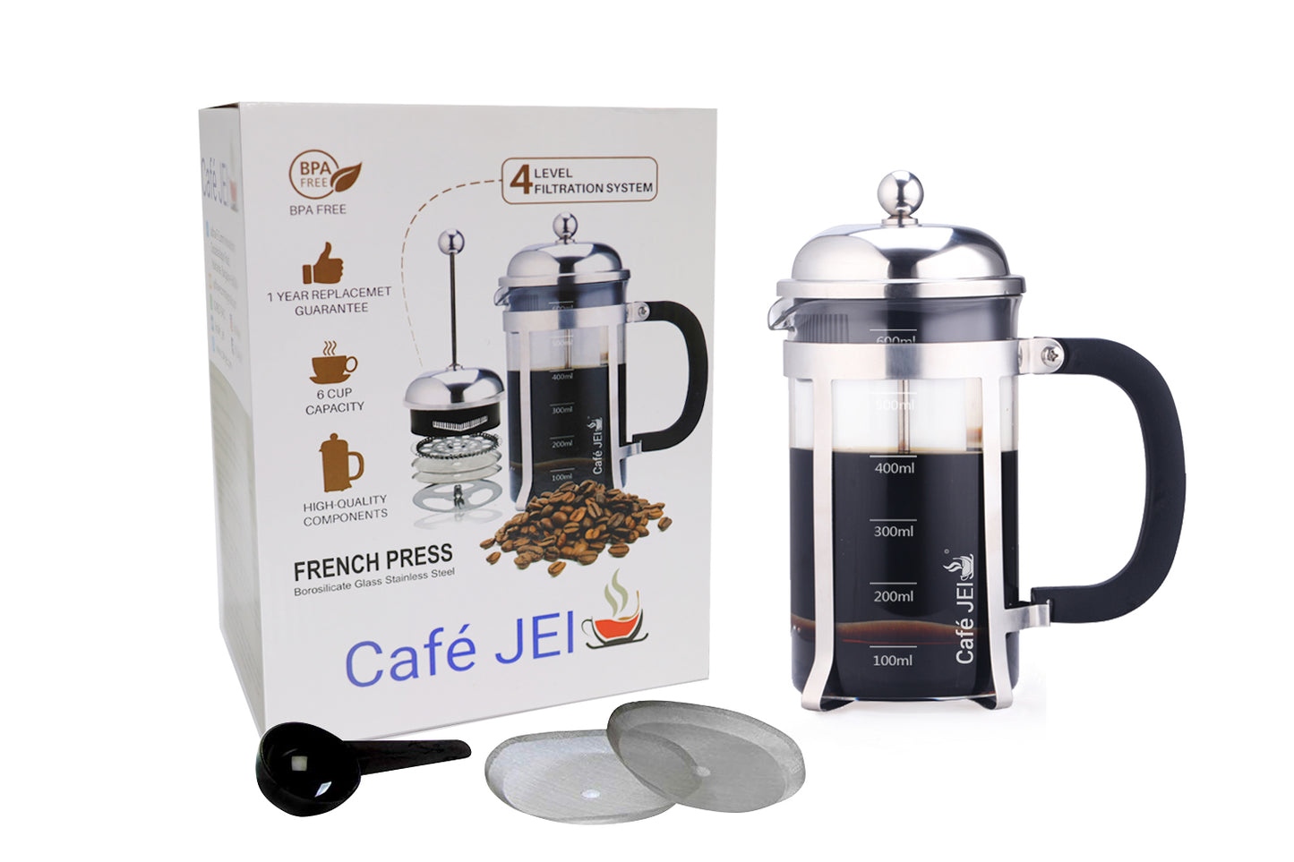 Cafe JEI Classic Dome French Press Coffee and Tea Maker 600ml (Dome Chrome)