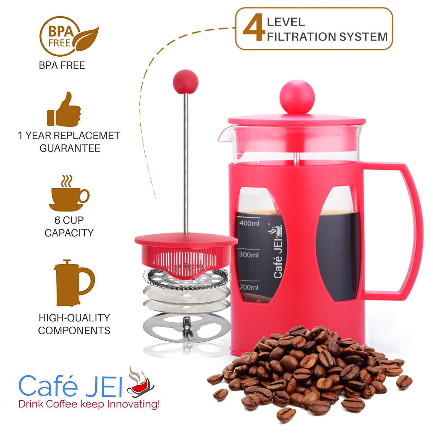 Cafe JEI French Press Coffee and Tea Maker 600ml, Soft (Red)