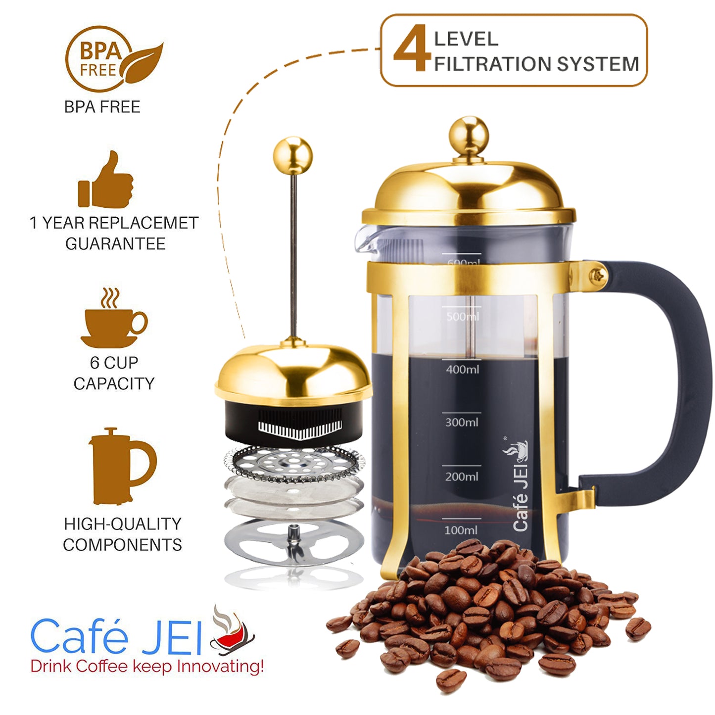 Cafe JEI Classic French Press Coffee and Tea Maker 600ml (Dome, Gold)