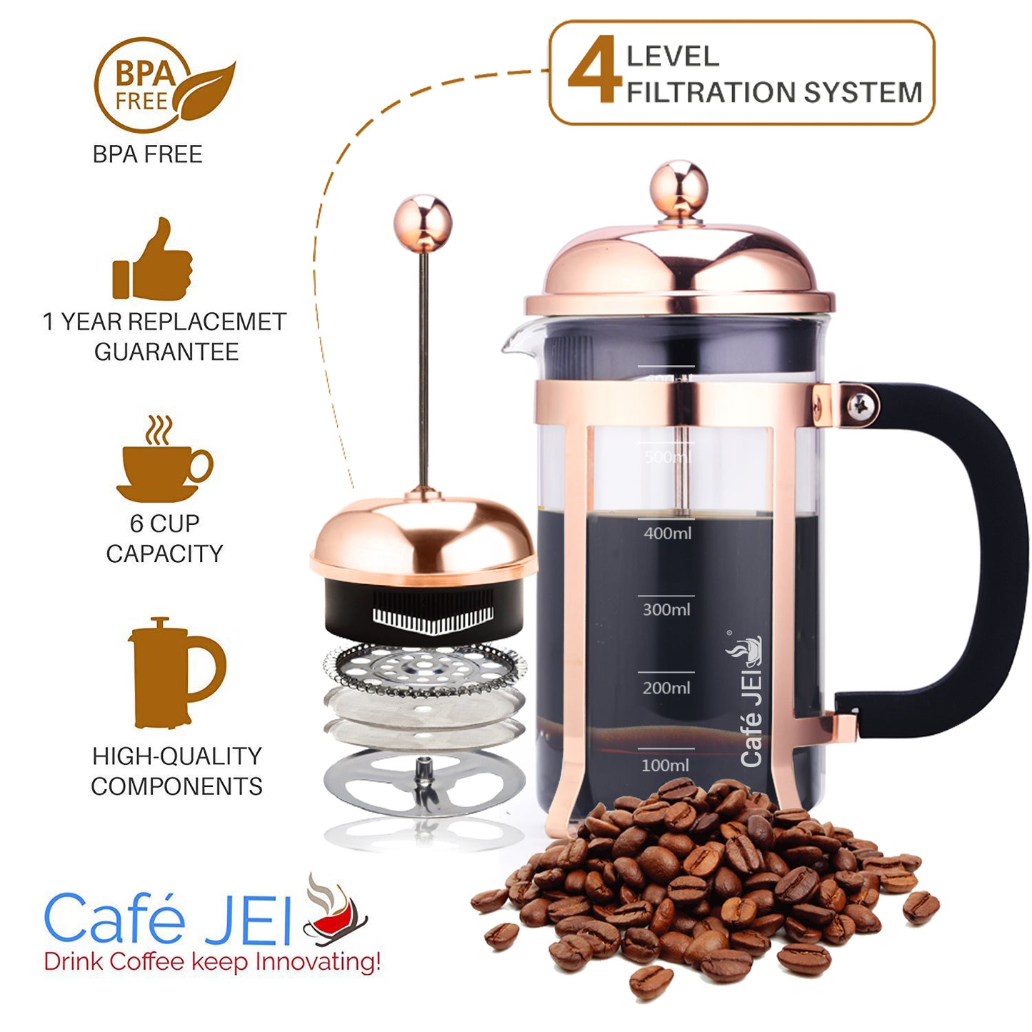 Cafe JEI Classic French Press Coffee and Tea Maker 600ml (Dome Rose Gold)