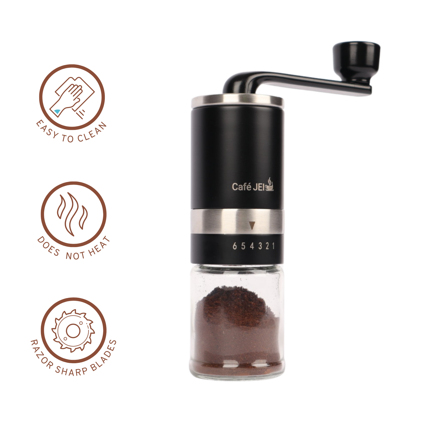 Cafe JEI Manual Coffee Grinder with Adjustable Settings - CeramiConical Burr Mill & Brushed Stainless Steel Body, Whole Bean Coffee Grinder (Black)