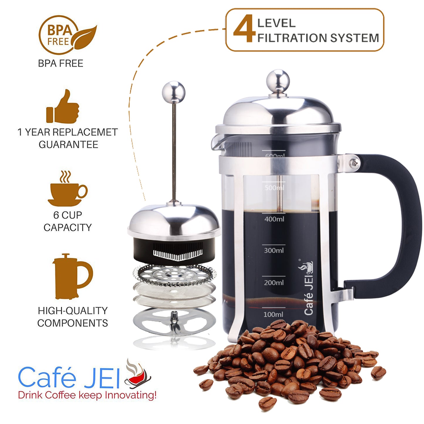 Cafe JEI Classic Dome French Press Coffee and Tea Maker 600ml (Dome Chrome)